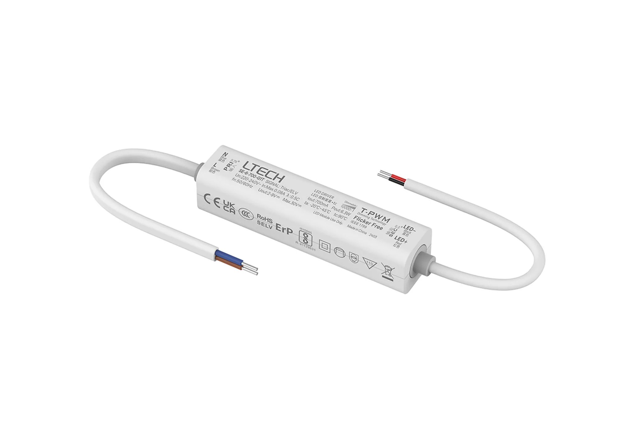 SE-6-700-G1T  Triac/ELV, PWM,6W, C. Current Dimmable Driver, 700mA, DC:2-9Vdc, EFF>70%, IP20, 5yrs Warranty.